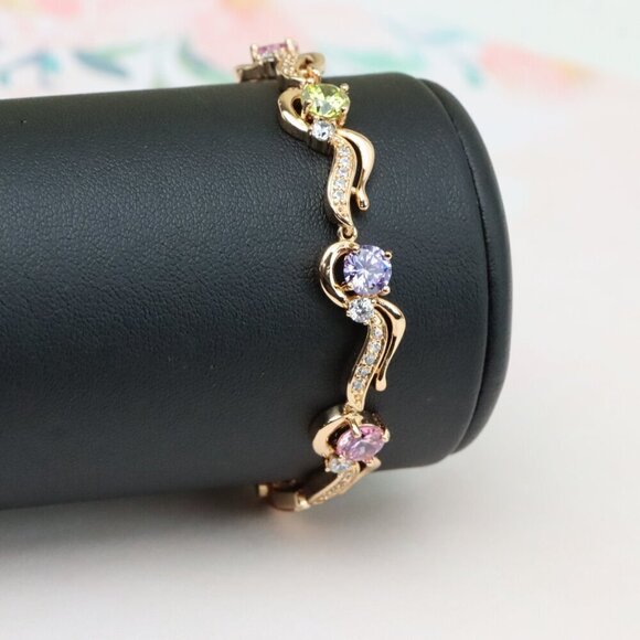 "Rose Gold Bracelet with Wavy Design and Pastel Gemstones, XPBL0817 - Picture 7 of 12
